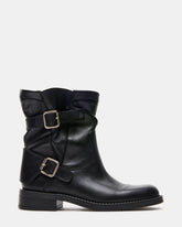 DENIS Black Leather Moto Buckles Women's Ankle Boot | Steve Madden