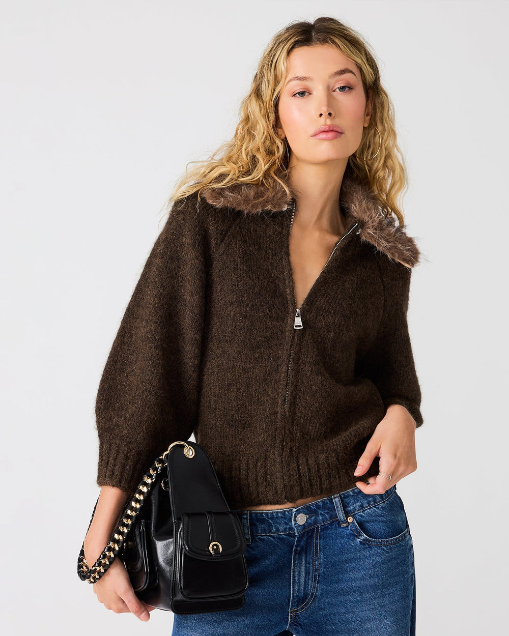 ODESSA Dark Espresso Knit Zip-Up Faux Fur Women's Sweater | Steve Madden