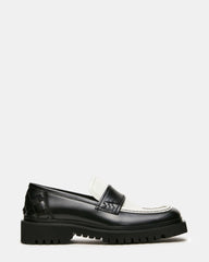 VINCENZO Black/White Leather Square-Toe Lug Slip-On Men's Loafer | Steve Madden